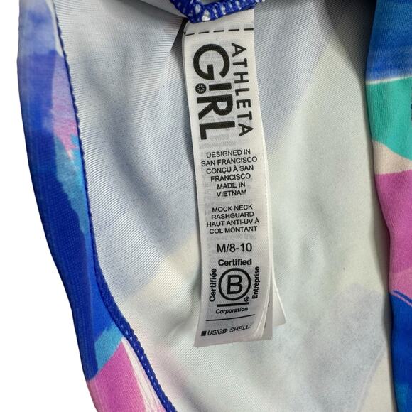 ATHLETA GIRL Mock Neck Rashguard Green Blue Pink Short Sleeve Size Medium 8-10 - Picture 4 of 5